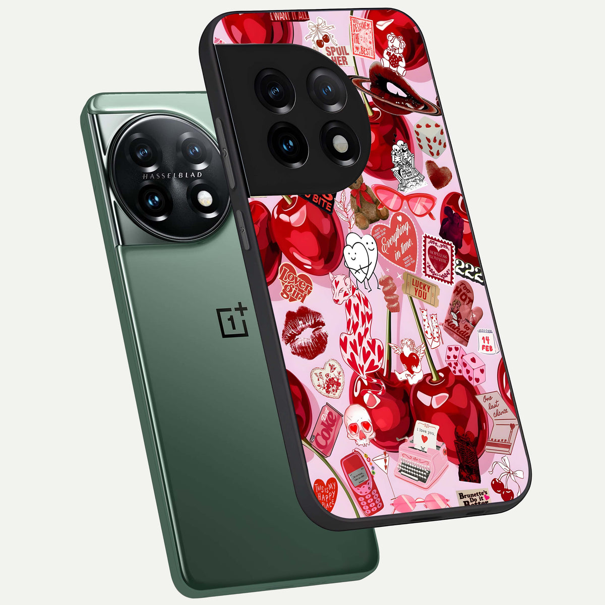  Sweet Cherry Chaos phone case For OnePlus 11 showing premium glass back cover with detailed artwork
