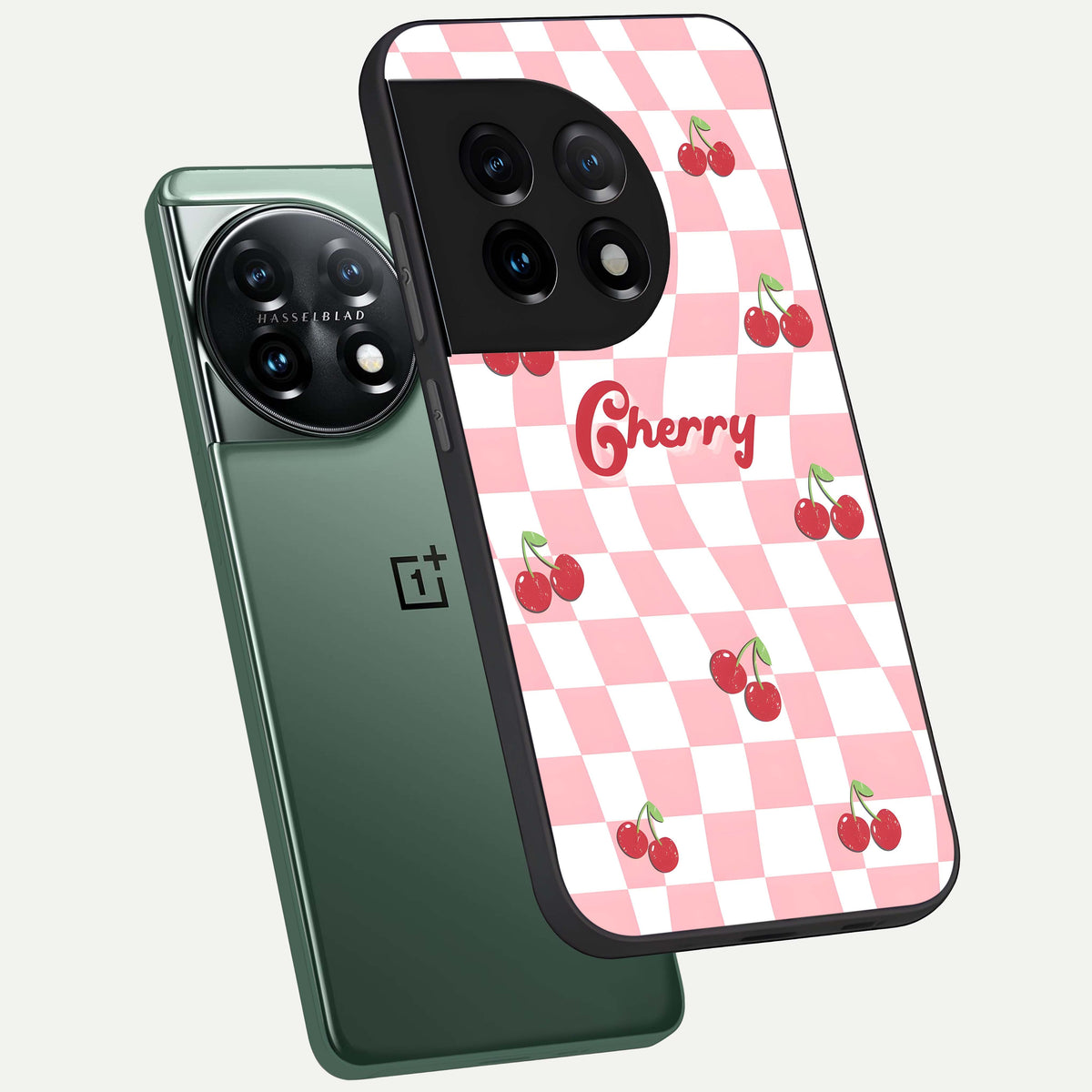  Sweet Cherry Vibes phone case For OnePlus 11 showing premium glass back cover with detailed artwork