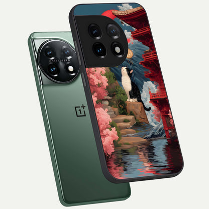  Temple Cat Scenery phone case For OnePlus 11 showing premium glass back cover with detailed artwork
