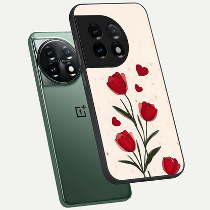 Tulip With Heart phone case For OnePlus 11 showing premium glass back cover with detailed artwork
