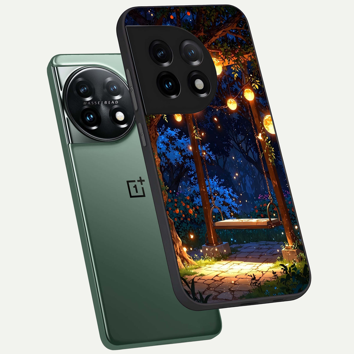  Twilight Garden Swing phone case For OnePlus 11 showing premium glass back cover with detailed artwork