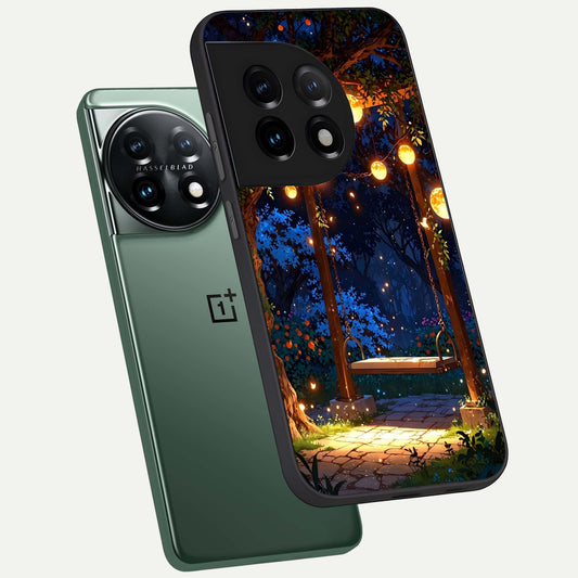  Twilight Garden Swing phone case For OnePlus 11 showing premium glass back cover with detailed artwork