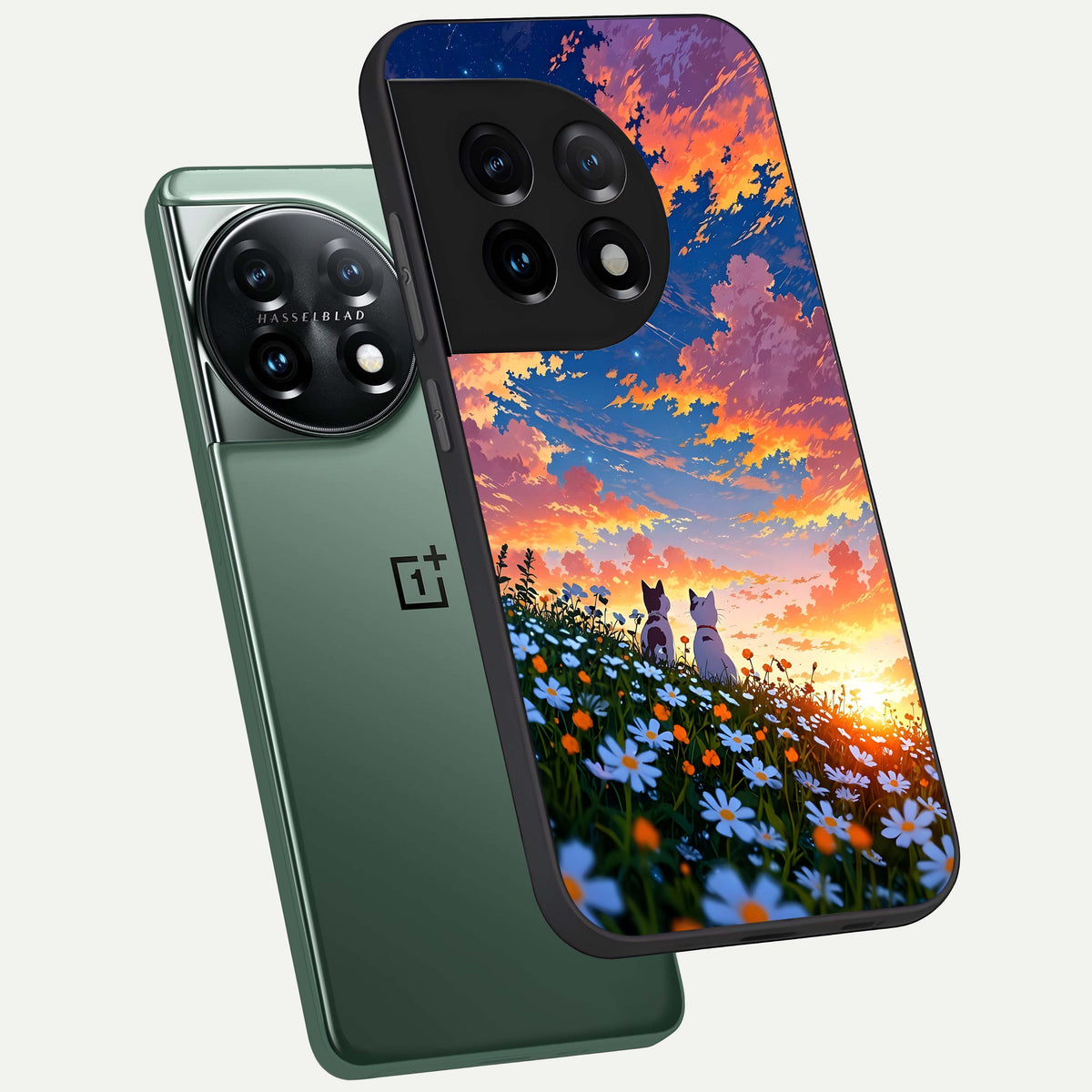 Two Cats Friends phone case For OnePlus 11 showing premium glass back cover with detailed artwork