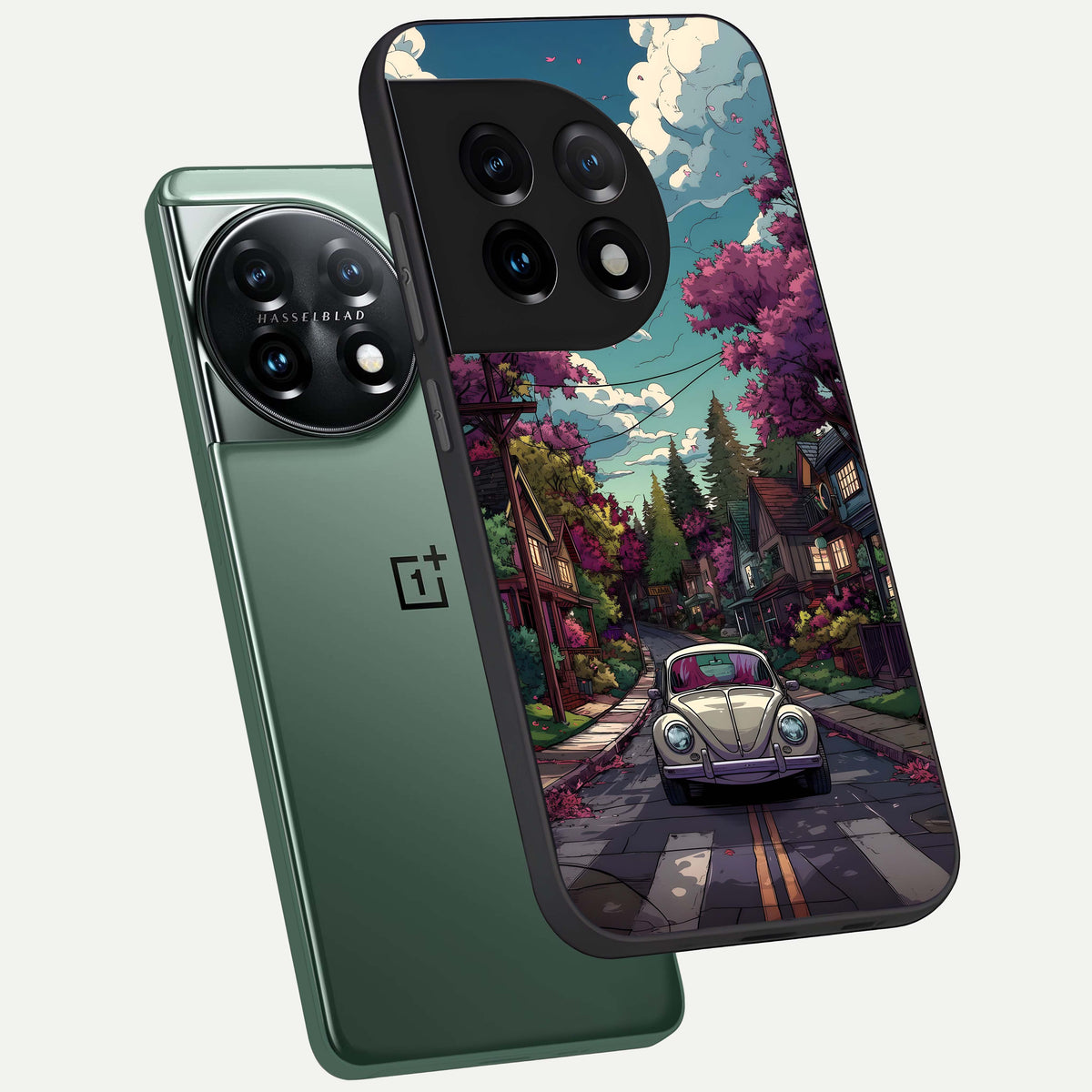  Vintage Street Drive phone case For OnePlus 11 showing premium glass back cover with detailed artwork