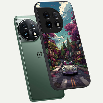  Vintage Street Drive phone case For OnePlus 11 showing premium glass back cover with detailed artwork