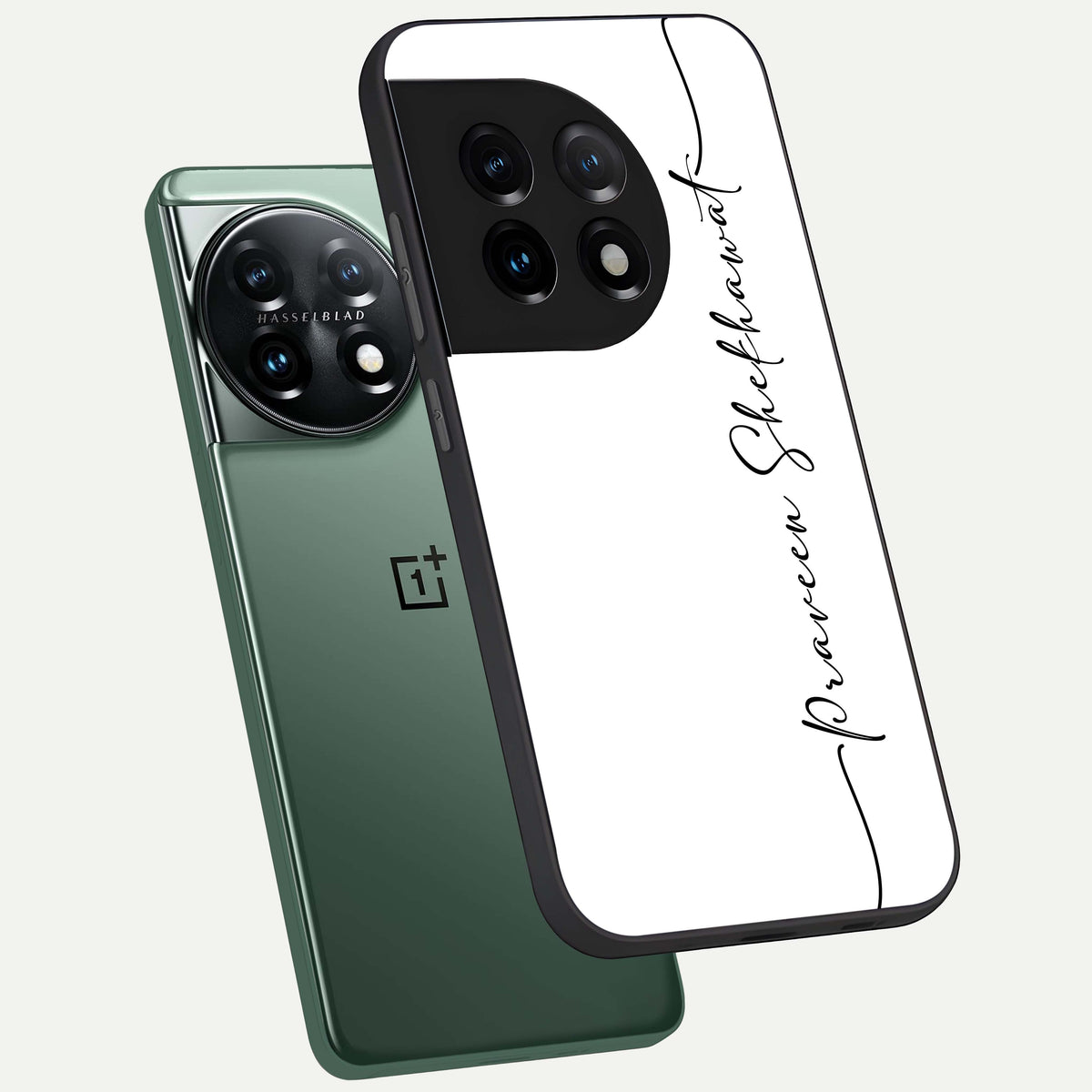  White Tune Custom Name phone case For OnePlus 11 showing premium custom name glass back cover