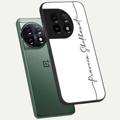  White Tune Custom Name phone case For OnePlus 11 showing premium custom name glass back cover