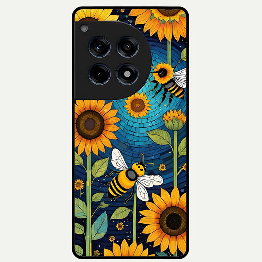  Bees And Sunflowers Glass Case For OnePlus 12R back cover – full design glossy printed glass finish