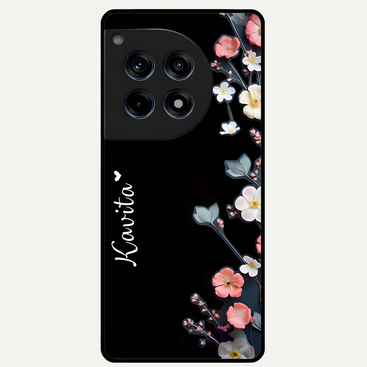  Black Elegance Floral Custom Name Glass Case For OnePlus 12R back cover – full design glossy printed glass finish