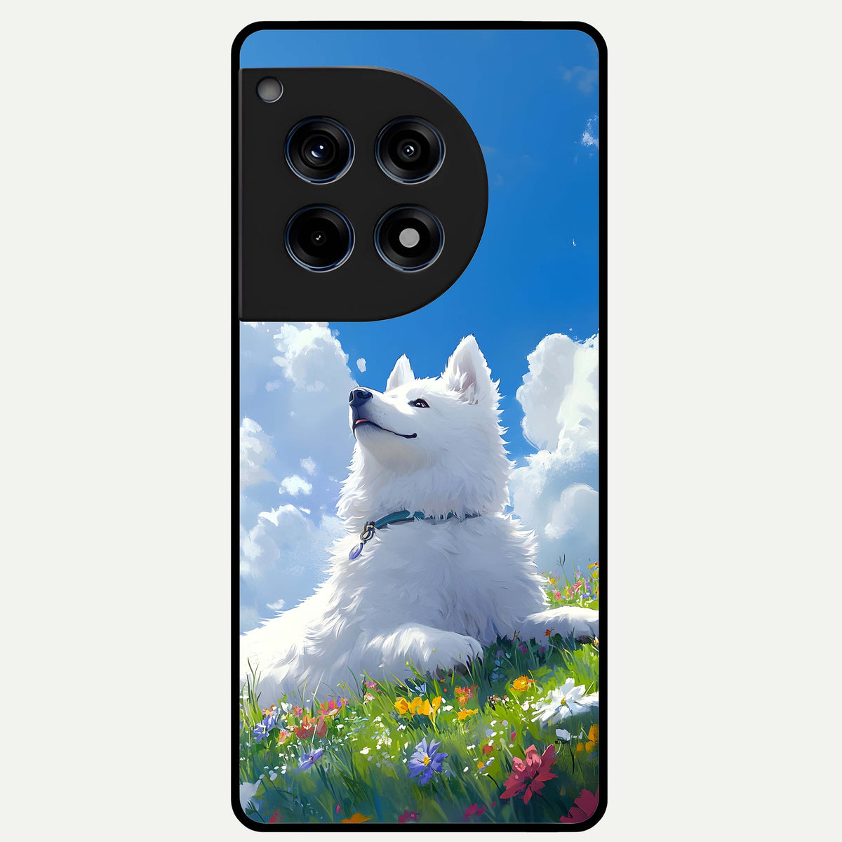  Blissful Cloud Pup Glass Case For OnePlus 12R back cover – full design glossy printed glass finish