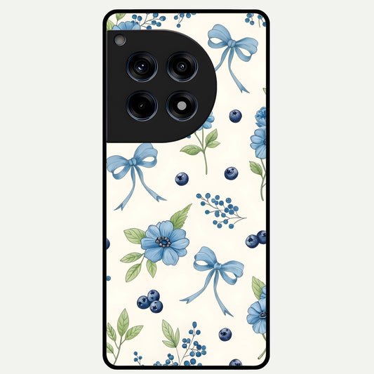  Blue Flower And Bow Glass Case For OnePlus 12R back cover – full design glossy printed glass finish
