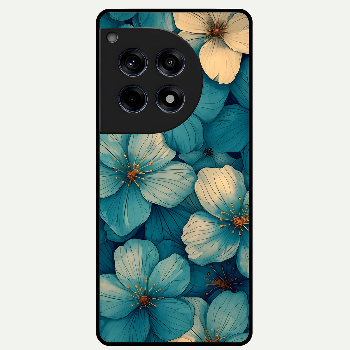  Blue Shade Floral Glass Case For OnePlus 12R back cover – full design glossy printed glass finish