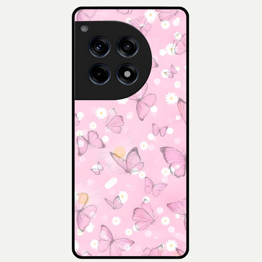  Blush Butterfly Garden Glass Case For OnePlus 12R back cover – full design glossy printed glass finish