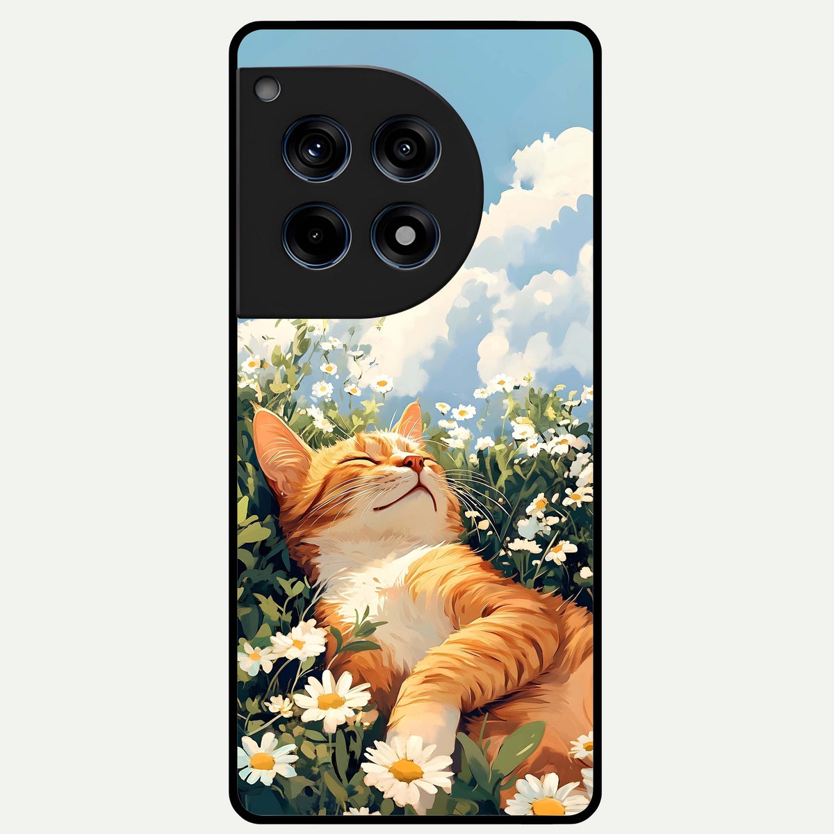  Cat And Flowers View Glass Case For OnePlus 12R back cover – full design glossy printed glass finish