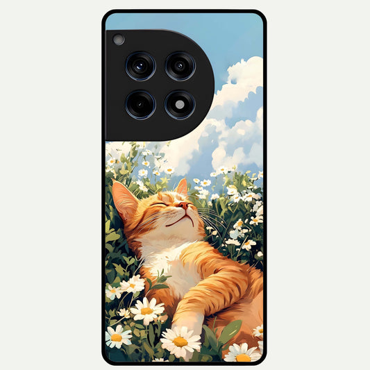  Cat And Flowers View Glass Case For OnePlus 12R back cover – full design glossy printed glass finish