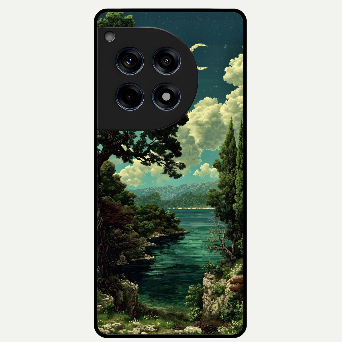  Celestial Lake Peace Glass Case For OnePlus 12R back cover – full design glossy printed glass finish