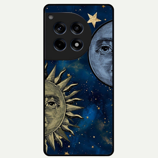  Celestial Moon With Sun Glass Case For OnePlus 12R back cover – full design glossy printed glass finish