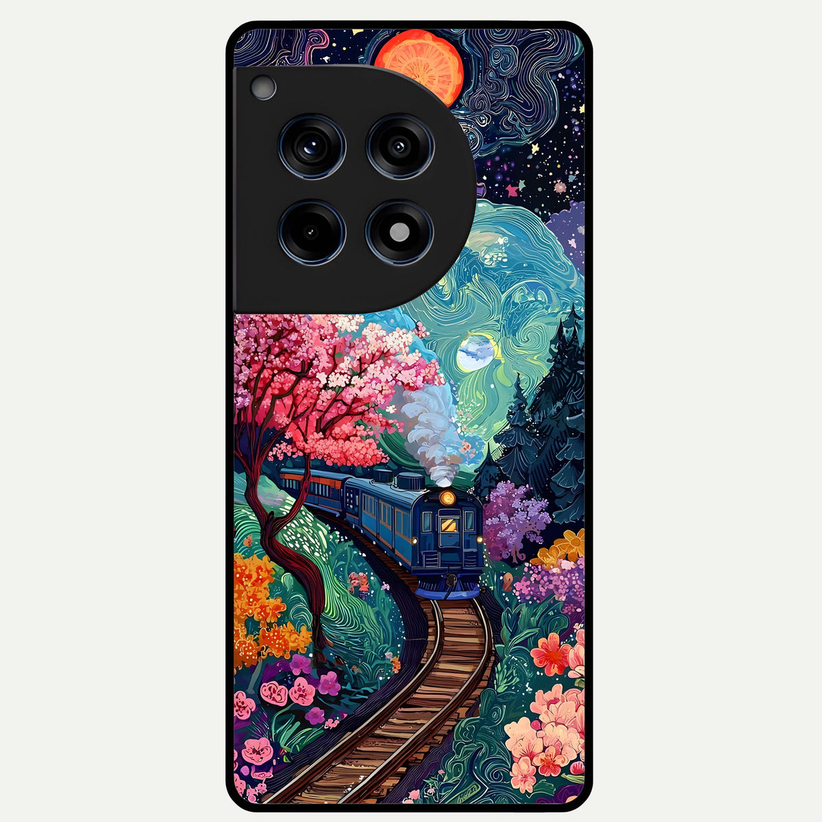  Celestial Train Journey Glass Case For OnePlus 12R back cover – full design glossy printed glass finish