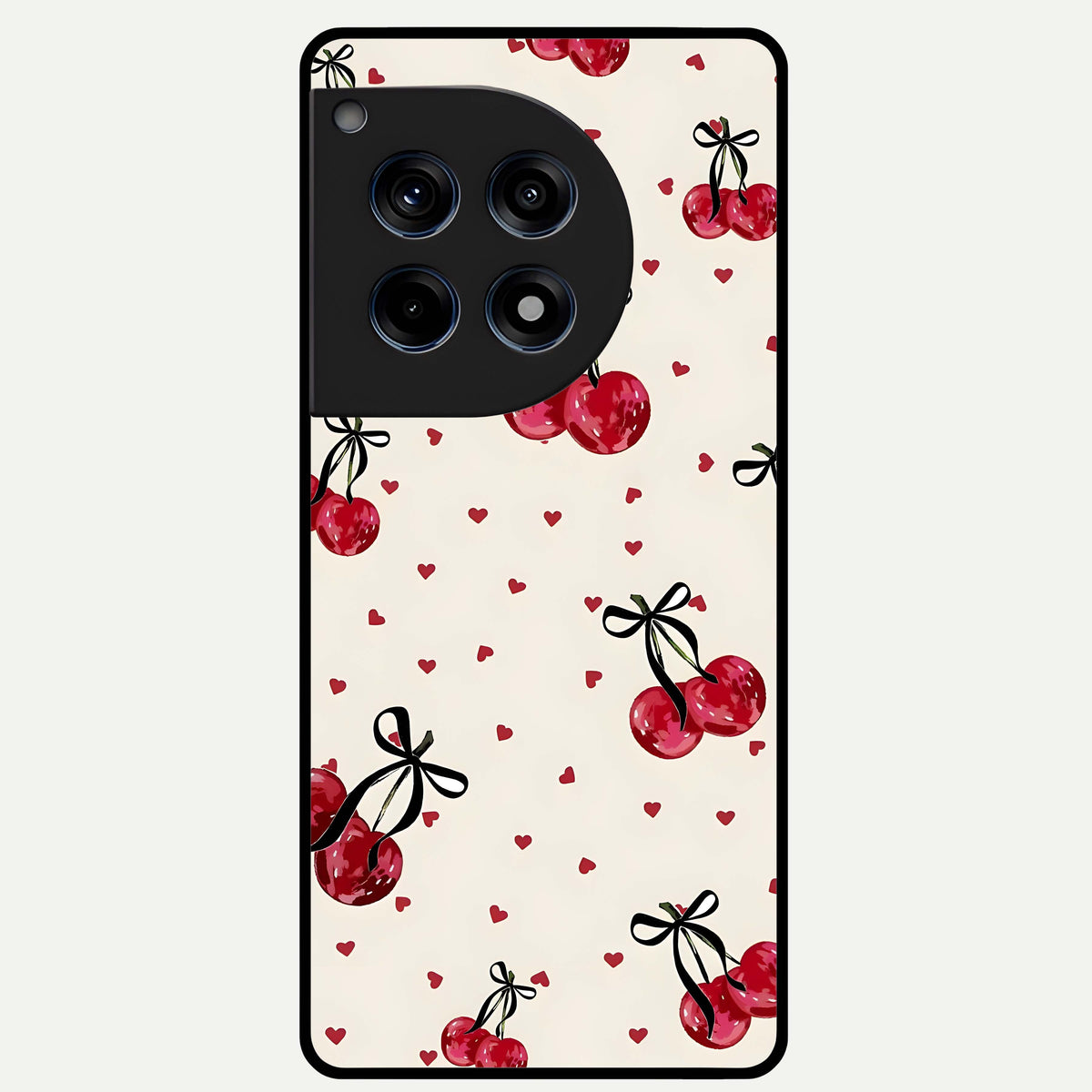  Cherry Heart Bow Glass Case For OnePlus 12R back cover – full design glossy printed glass finish