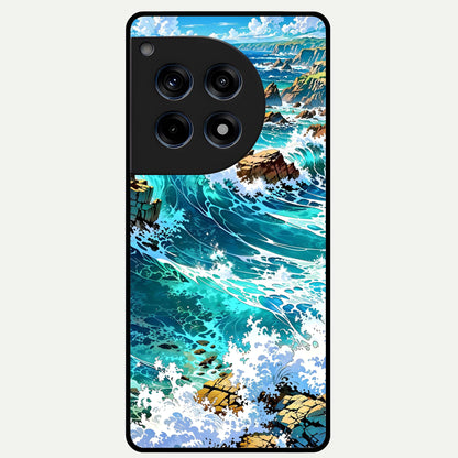 Coastal Blue Waves Glass Case For OnePlus 12R back cover – full design glossy printed glass finish