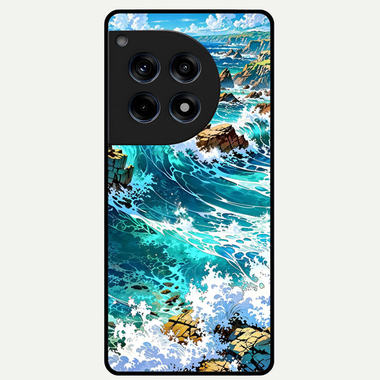  Coastal Blue Waves Glass Case For OnePlus 12R back cover – full design glossy printed glass finish