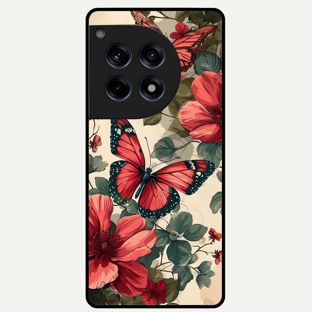  Crimson Butterfly Garden Glass Case For OnePlus 12R back cover – full design glossy printed glass finish