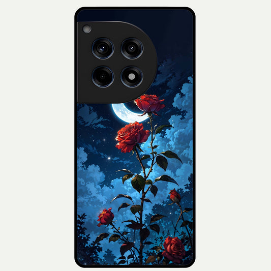  Crimson Rose Moon Glass Case For OnePlus 12R back cover – full design glossy printed glass finish