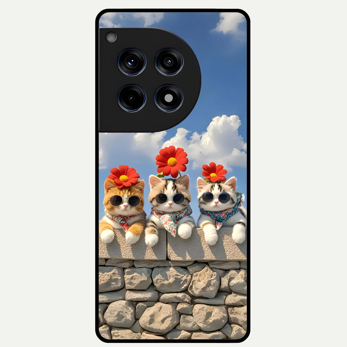  Floral Kitty Squad Glass Case For OnePlus 12R back cover – full design glossy printed glass finish