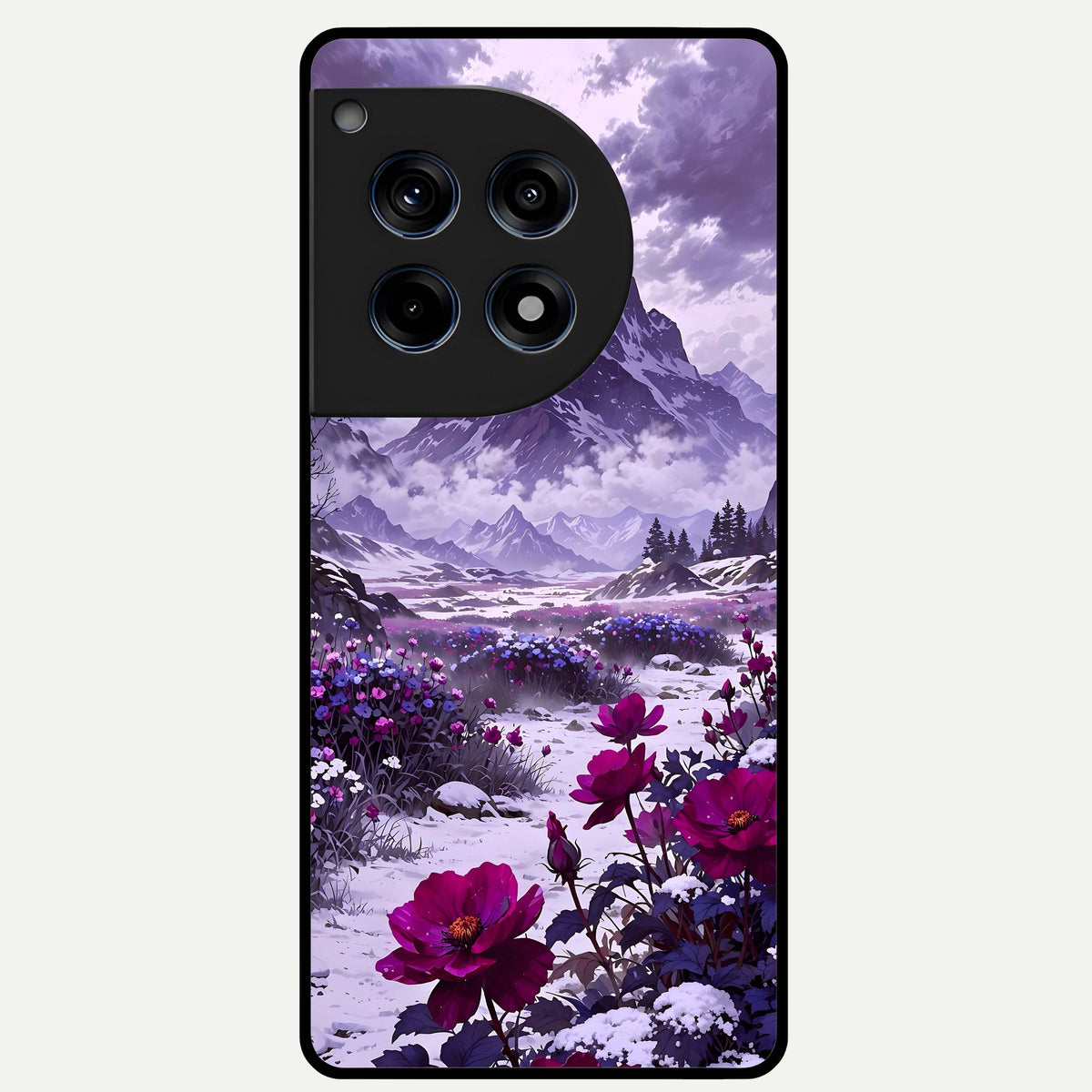  Flower Mountain View Glass Case For OnePlus 12R back cover – full design glossy printed glass finish