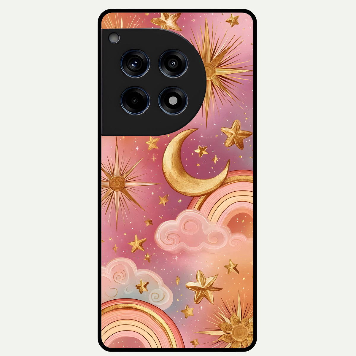  Golden Celestial Dreams Glass Case For OnePlus 12R back cover – full design glossy printed glass finish