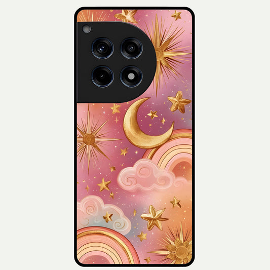  Golden Celestial Dreams Glass Case For OnePlus 12R back cover – full design glossy printed glass finish