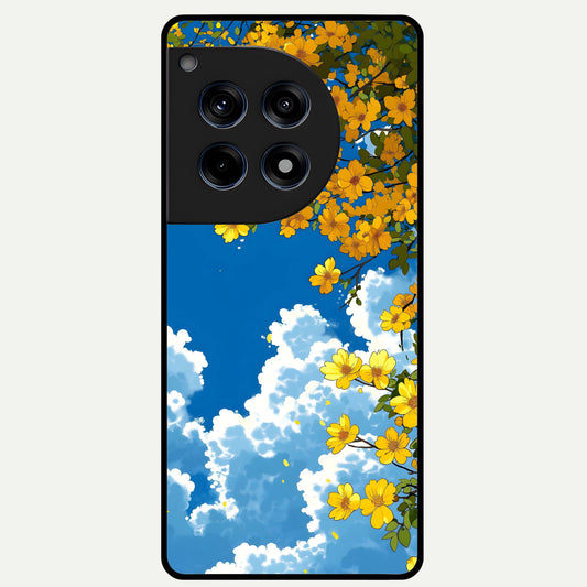  Golden Petal Sky Glass Case For OnePlus 12R back cover – full design glossy printed glass finish