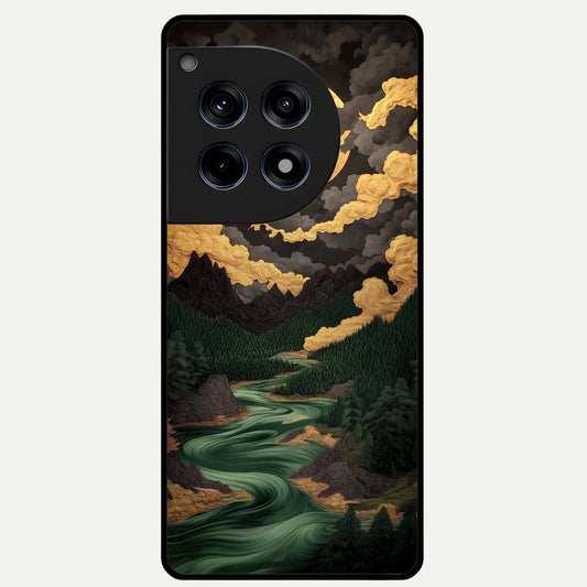  Golden River Moon Glass Case For OnePlus 12R back cover – full design glossy printed glass finish