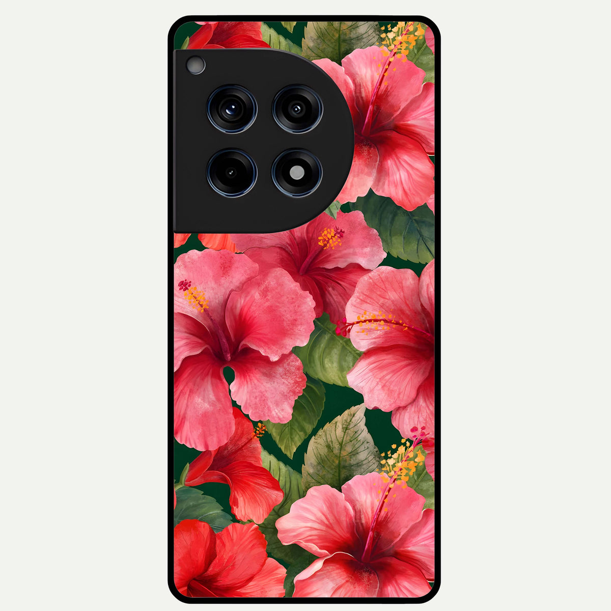  Hibiscus Pattern Glass Case For OnePlus 12R back cover – full design glossy printed glass finish