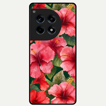  Hibiscus Pattern Glass Case For OnePlus 12R back cover – full design glossy printed glass finish