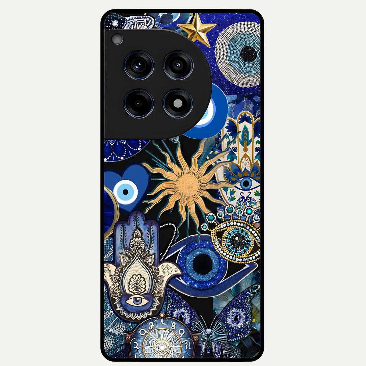  Mystic Blue Evil Eye Glass Case For OnePlus 12R back cover – full design glossy printed glass finish