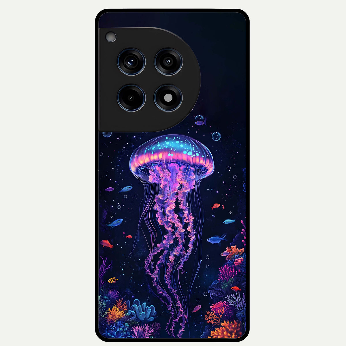  Neon Jellyfish Glass Case For OnePlus 12R back cover – full design glossy printed glass finish