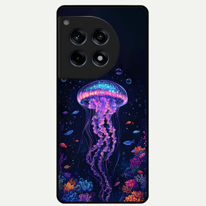  Neon Jellyfish Glass Case For OnePlus 12R back cover – full design glossy printed glass finish