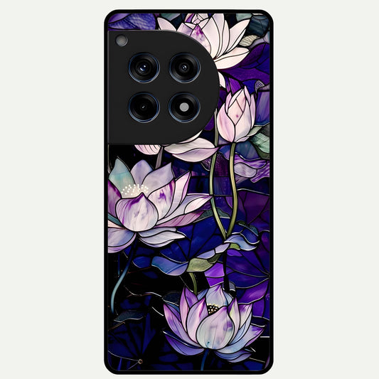  Purple Lotus Pattern Glass Case For OnePlus 12R back cover – full design glossy printed glass finish