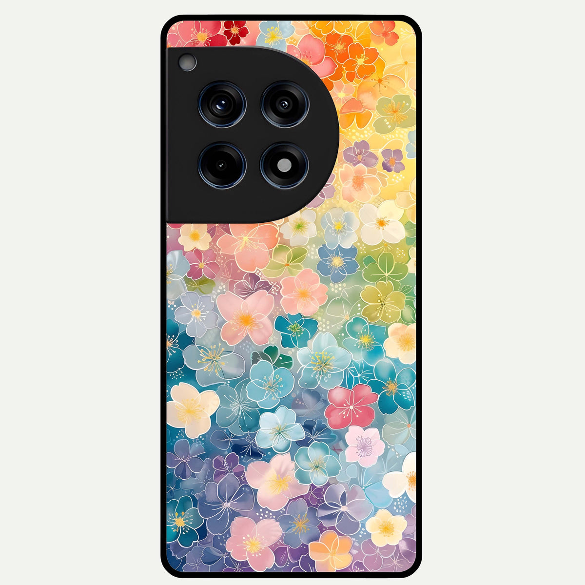  Rainbow Blossom Burst Glass Case For OnePlus 12R back cover – full design glossy printed glass finish