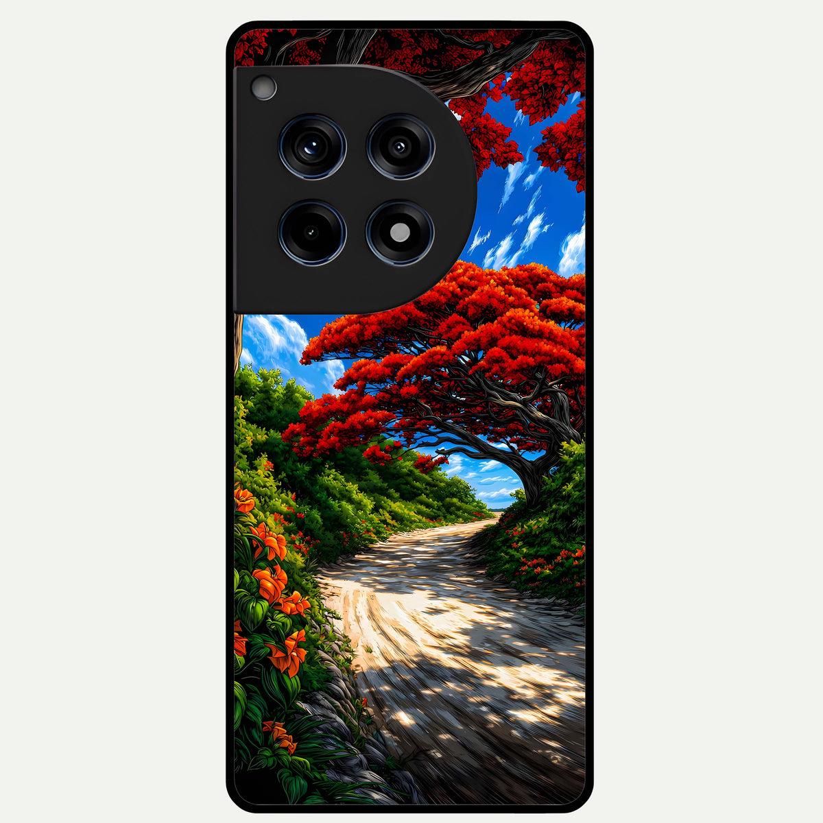  Red Trees Pathway Glass Case For OnePlus 12R back cover – full design glossy printed glass finish