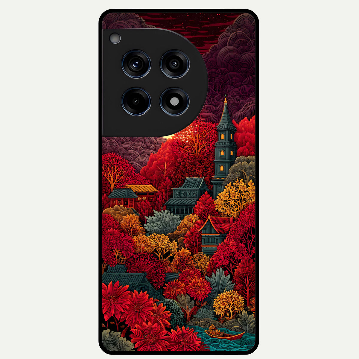  Scarlet Autumn Temple Glass Case For OnePlus 12R back cover – full design glossy printed glass finish