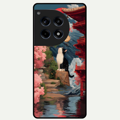  Temple Cat Scenery Glass Case For OnePlus 12R back cover – full design glossy printed glass finish