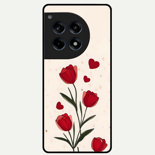  Tulip With Heart Glass Case For OnePlus 12R back cover – full design glossy printed glass finish