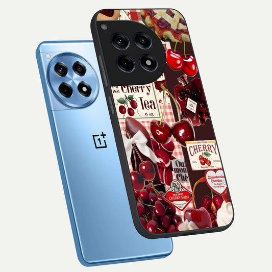  Aesthetic Cherry Tea phone case For OnePlus 12R showing premium glass back cover with detailed artwork