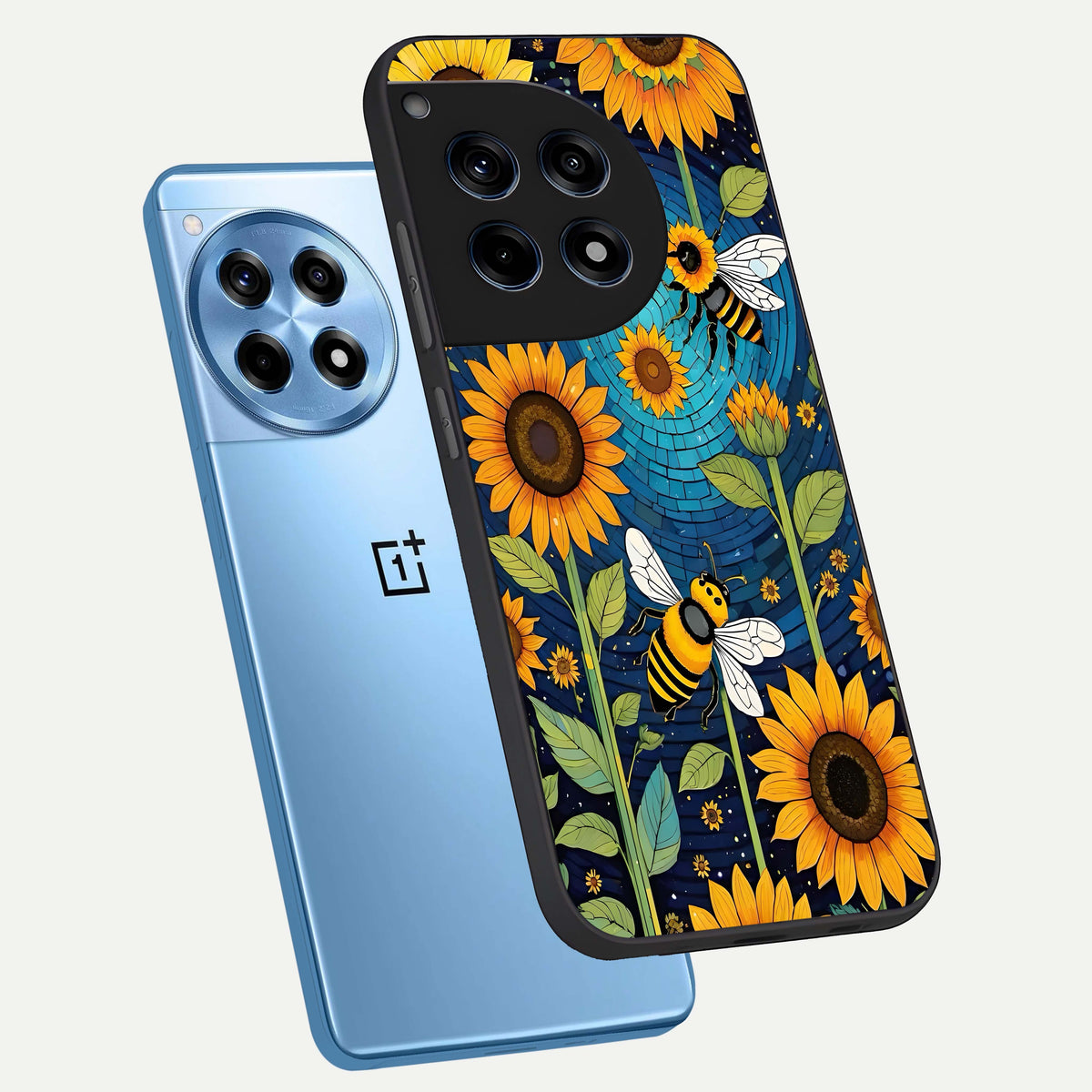  Bees And Sunflowers phone case For OnePlus 12R showing premium glass back cover with detailed artwork