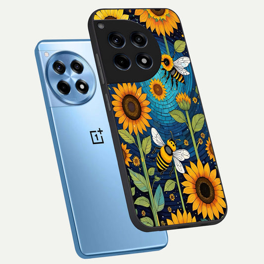  Bees And Sunflowers phone case For OnePlus 12R showing premium glass back cover with detailed artwork
