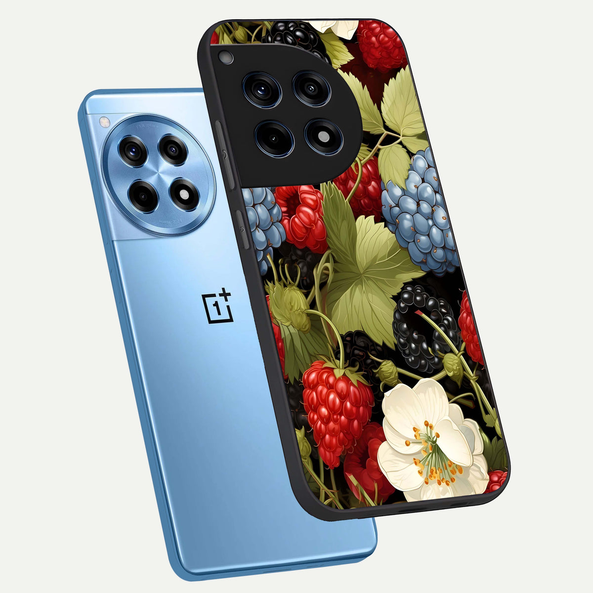  Berry Bloom Charm phone case For OnePlus 12R showing premium glass back cover with detailed artwork