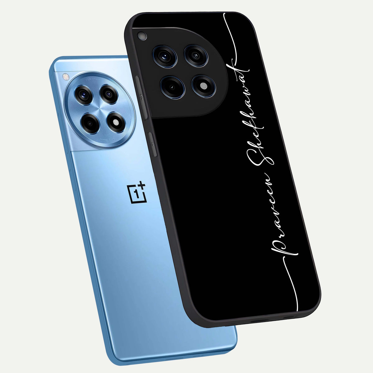  Black Tune Custom Name phone case For OnePlus 12R showing premium glass back cover with detailed artwork