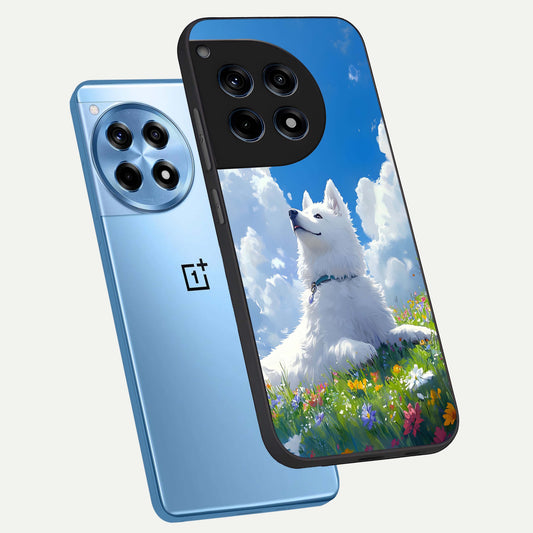  Blissful Cloud Pup phone case For OnePlus 12R showing premium glass back cover with detailed artwork